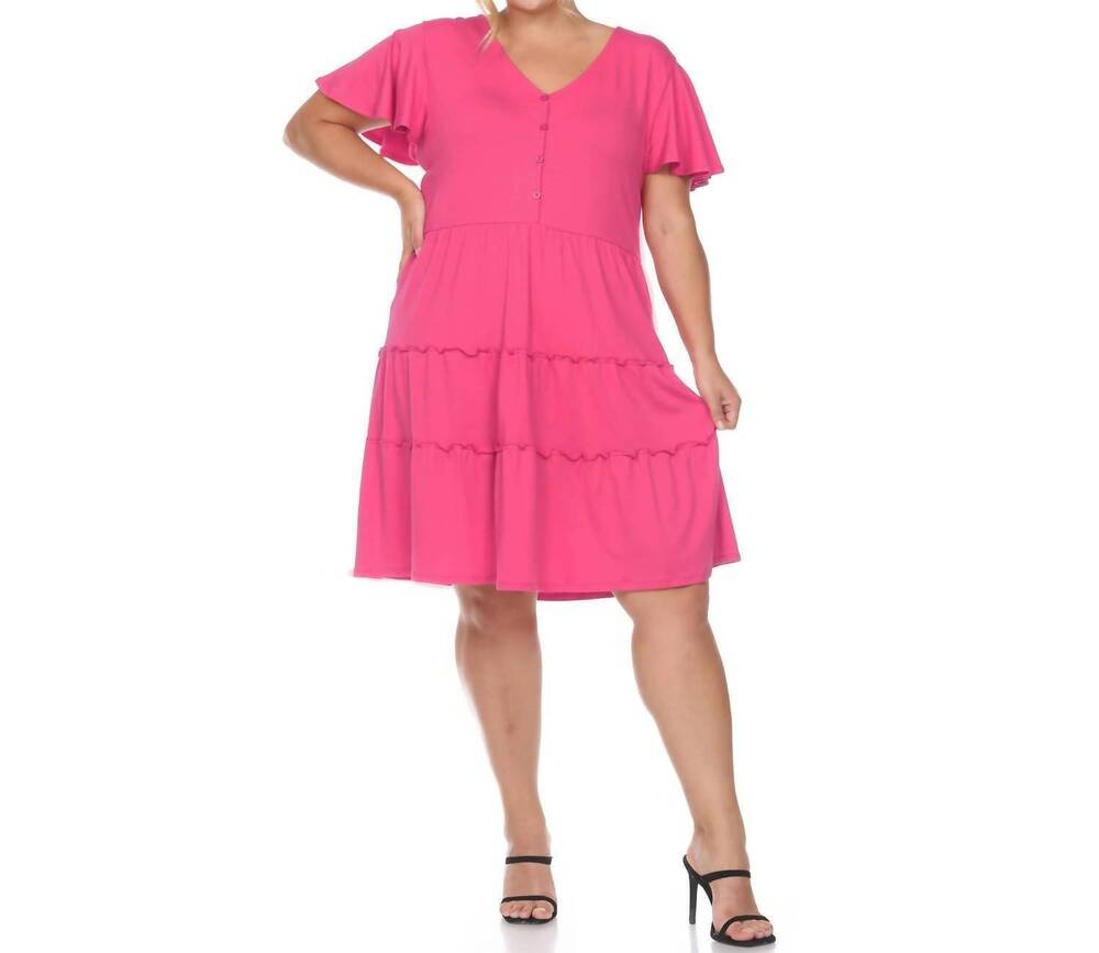 NEW WHITE MARK women's plus size short sleeve v-neck tiered midi dress in fuchsi